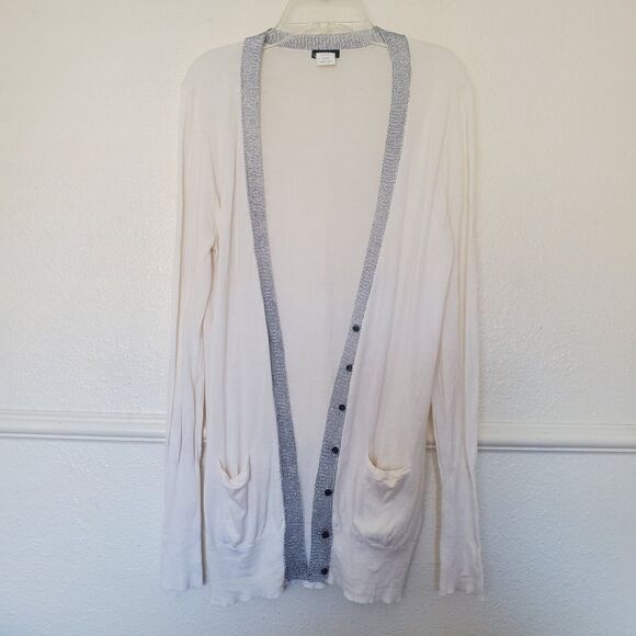 J. Crew Cardigan Size M Ivory With Silver Trim Button Closure Pima Cotton Wool - Picture 1 of 14